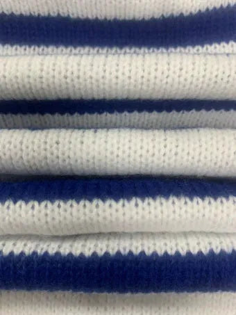 Sapphire blue loose-fit striped knitted pullover jumper with round neck and long sleeves.