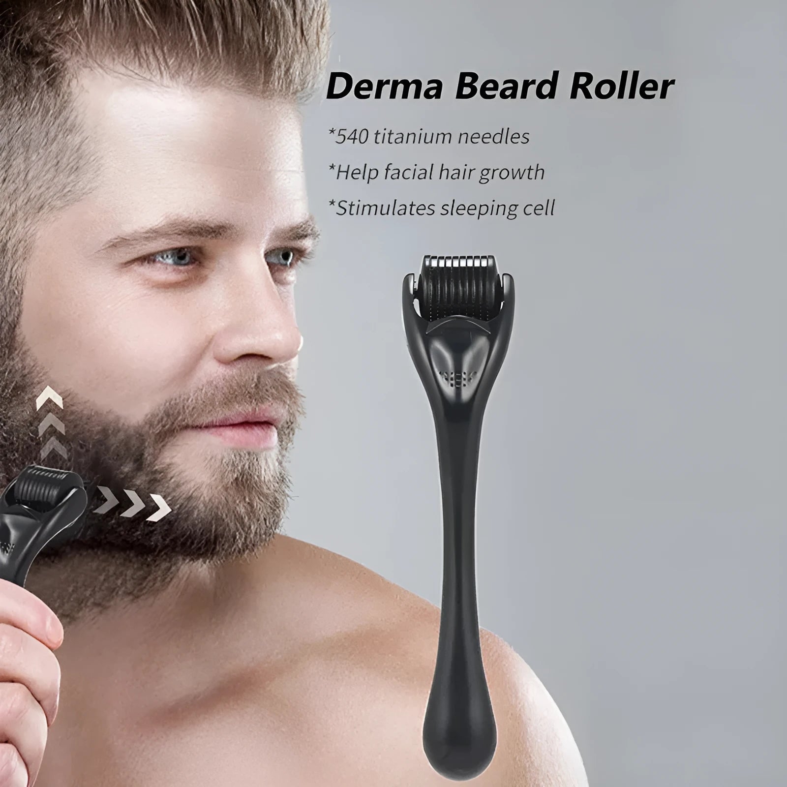 Titanium derma roller with 540 needles, shown in black and purple, with size options from 0.2mm to 1.0mm.
