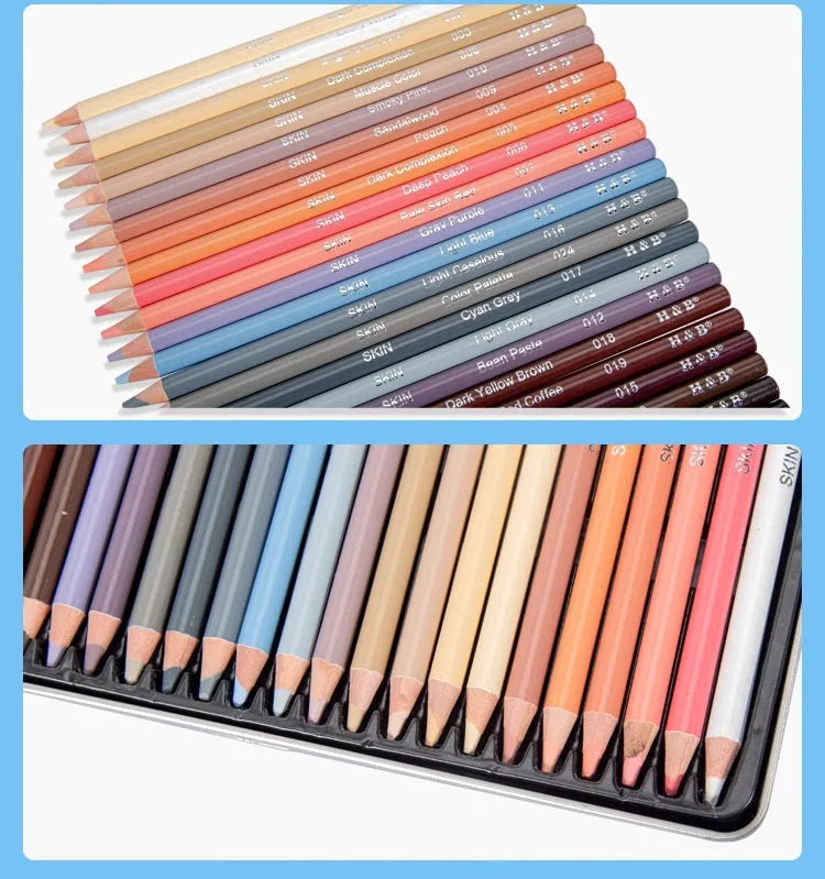Round metal tin case open to show 24 skin tone colour pencils for portrait art