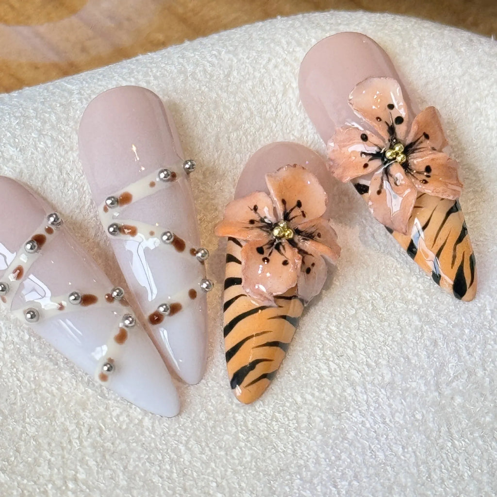 French-style leopard print artificial nail stickers with cross and flower designs