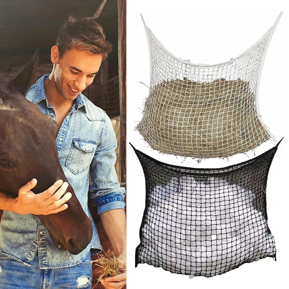 Black woven grid horse feeding bag hanging, showing size options for cattle, horses and sheep.