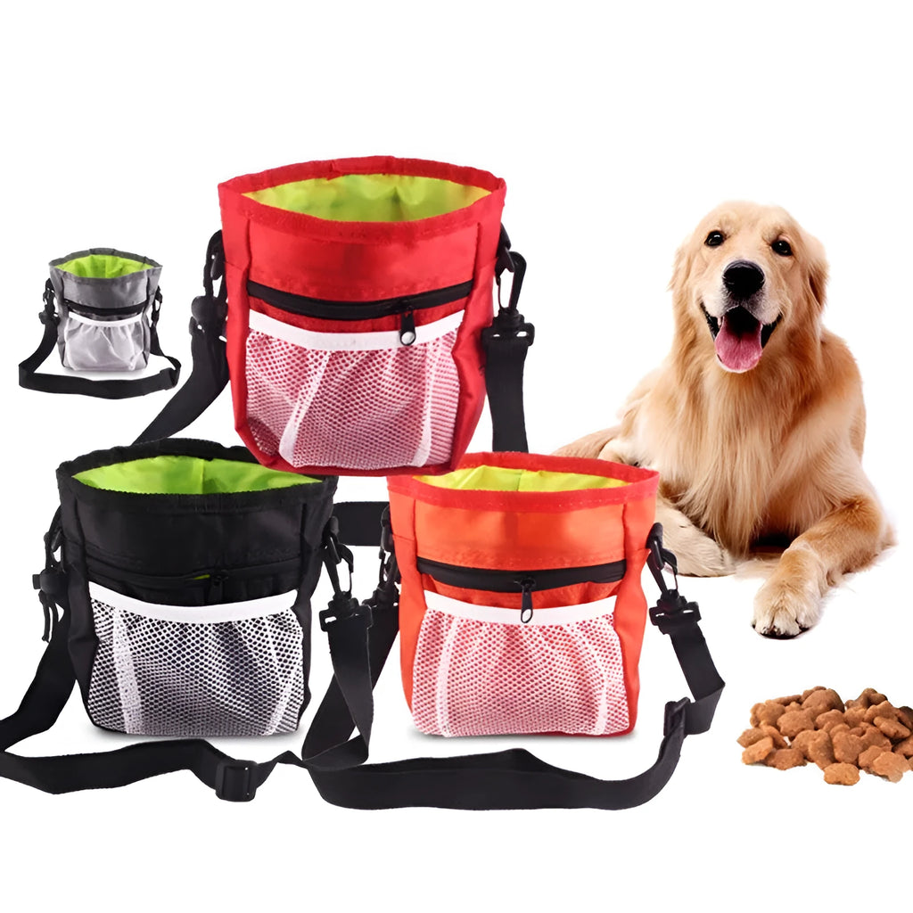 Drawstring dog treat pouch in Oxford cloth with belt buckle, 18x14x6cm, black colour