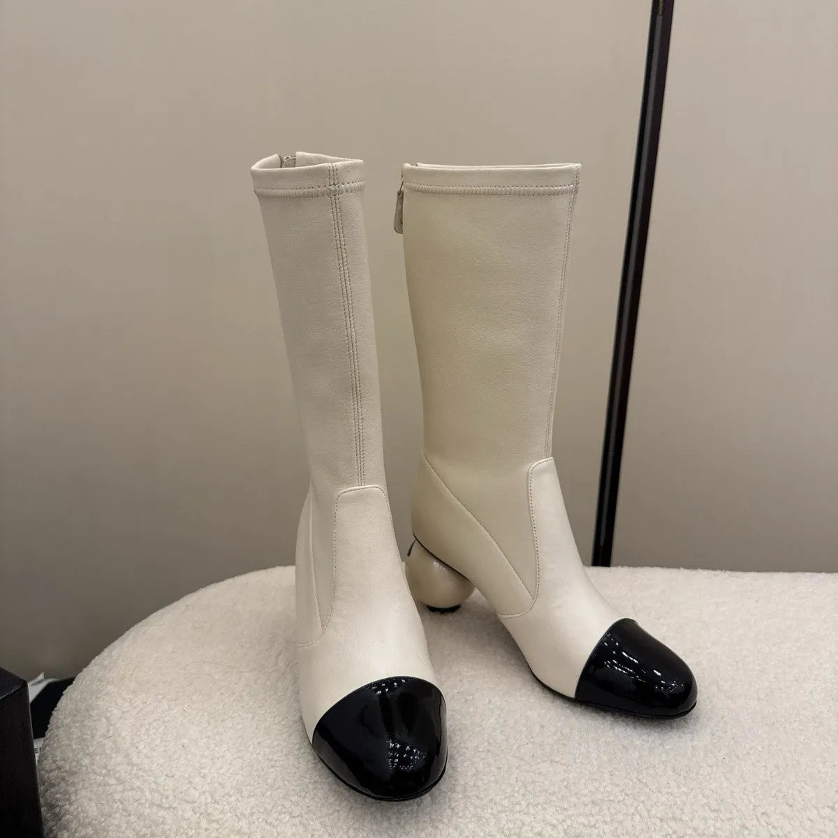 Women's chunky heel ankle boots in apricot with round toe, back zipper, and sheepskin lining