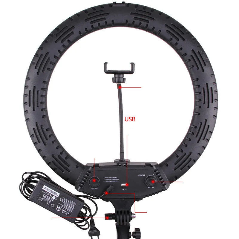 18-inch diameter LED ring light with remote control on a 210cm adjustable aluminium stand for live streaming