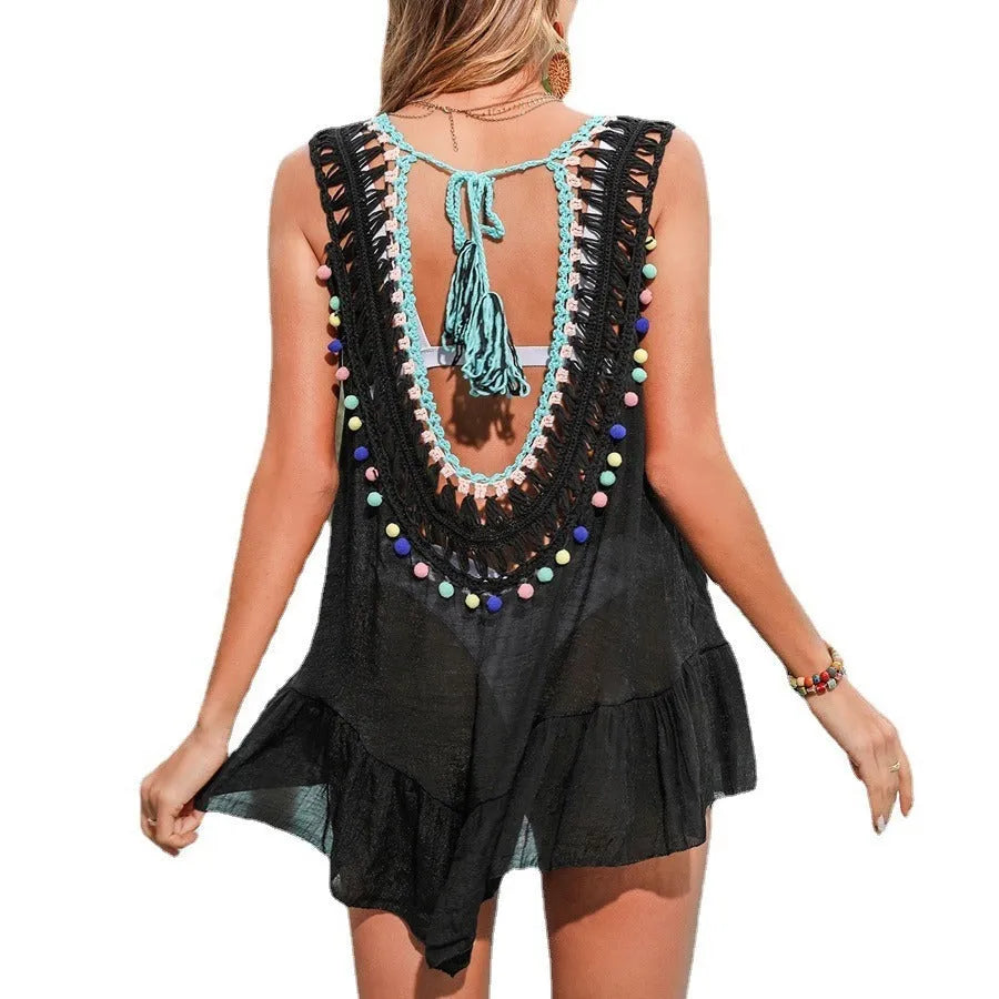 Black hand-crocheted beach cover-up vest with ruffled cut-out design