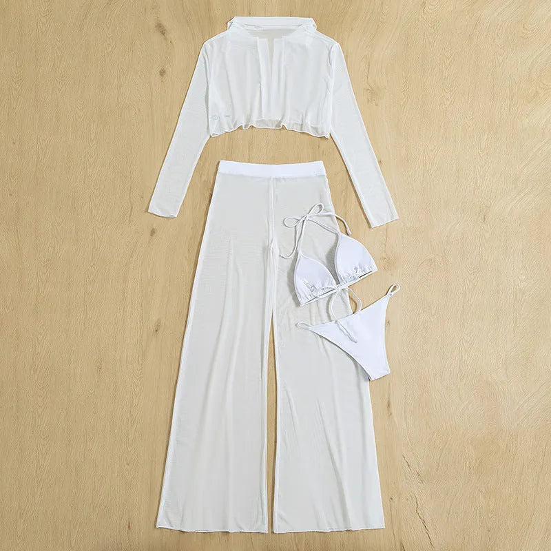 Women's white high waist swimsuit four-piece set with backless design