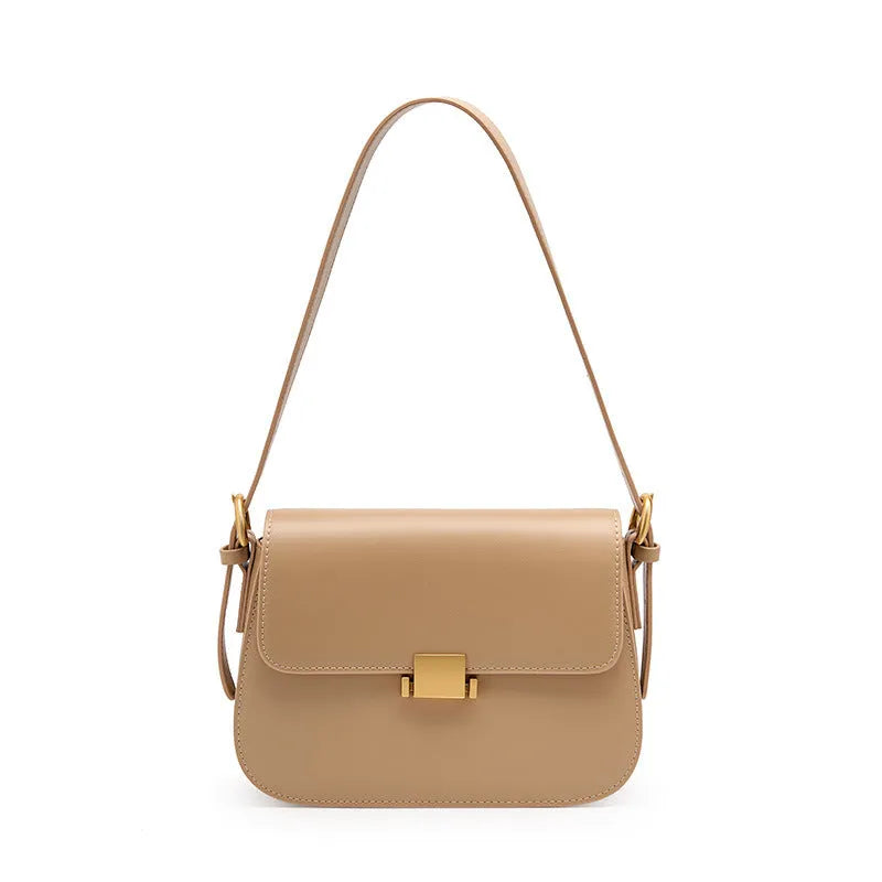 Genuine leather women's crossbody bag with lock, European retro style, apricot colour, horizontal square shape