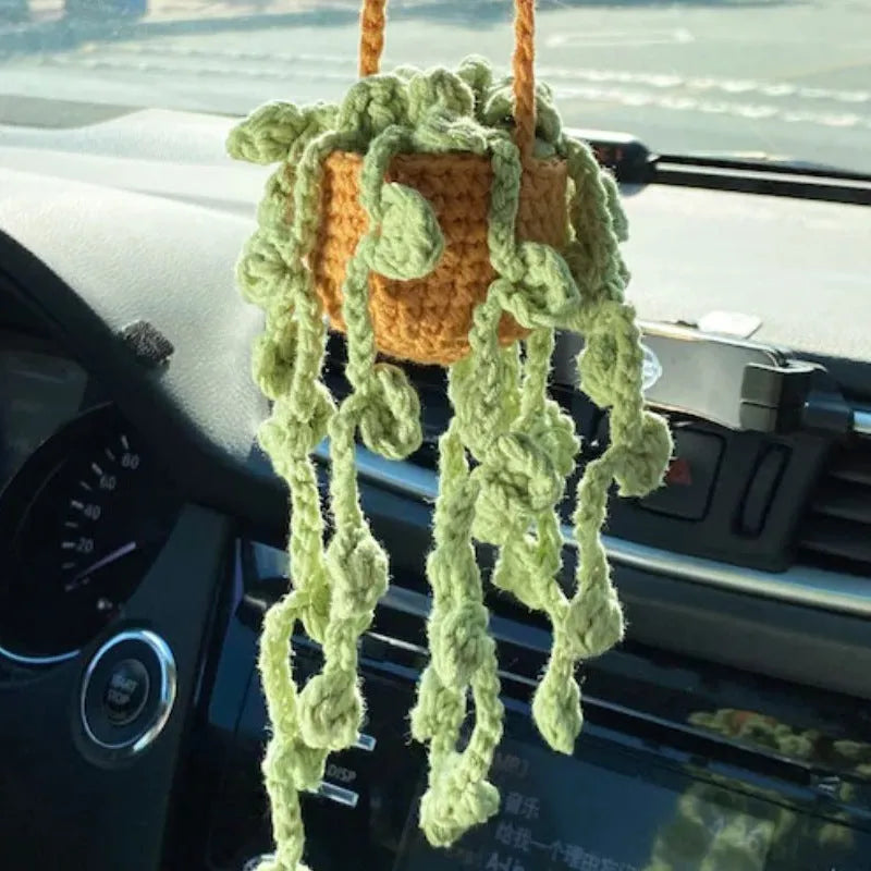 Green and white knitted wool car plant decoration with 8cm base and 25cm hanging rope