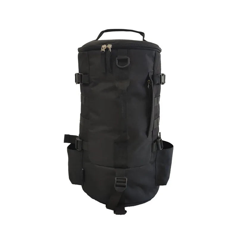 Outdoor cylindrical fishing gear backpack in black, 36-55L capacity, polyester fabric, 45x26x26cm
