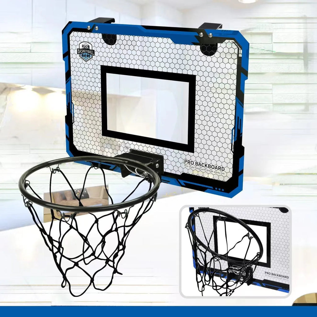 Red and blue folding basketball frame with scoring panel, suction cups, and a 16cm ball on a door