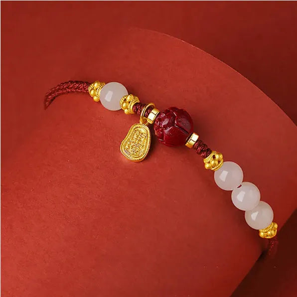 Women's adjustable Hetian jade and cinnabar red rope bracelet with 925 silver clasp