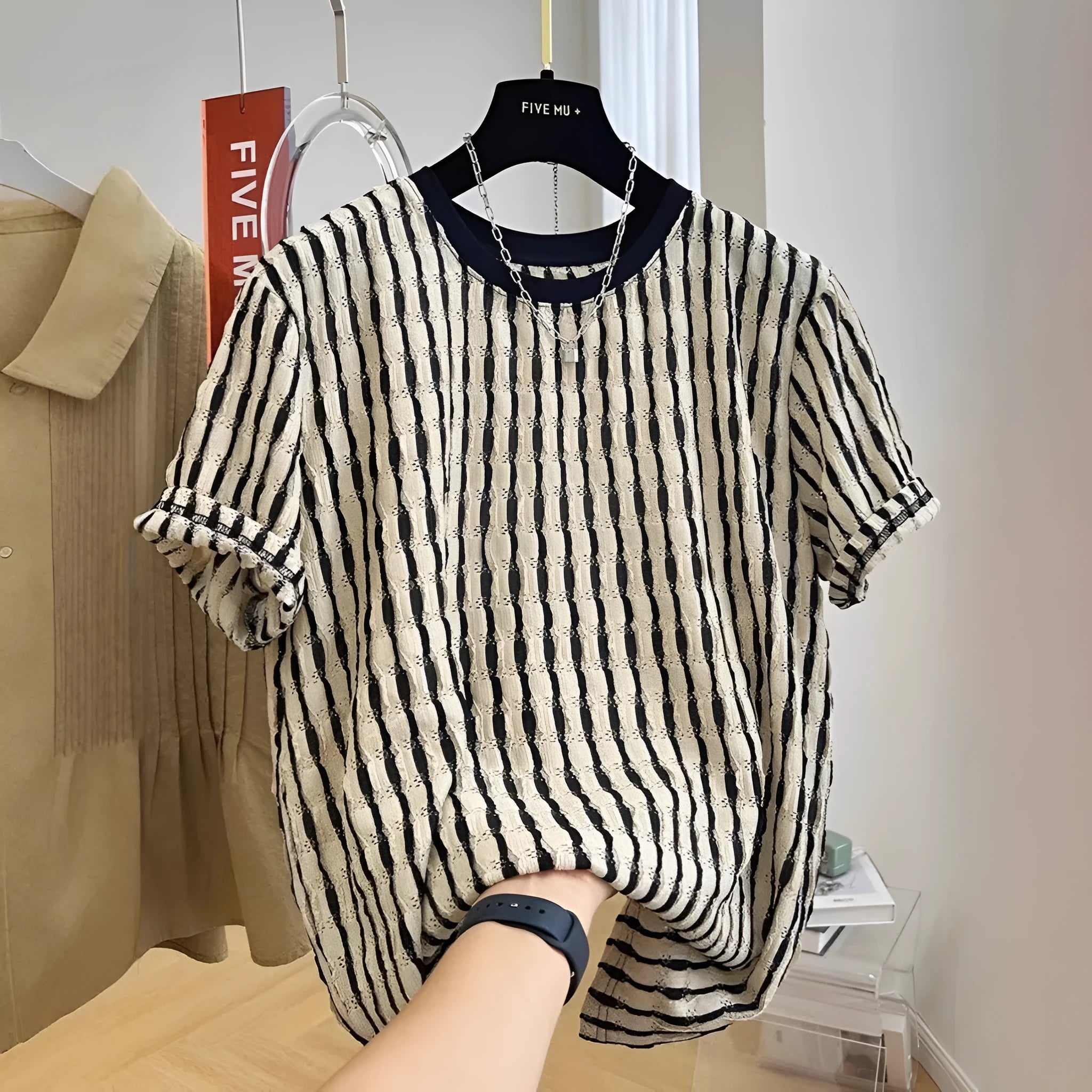 Black striped men's casual short sleeve top in silk and linen blend fabric