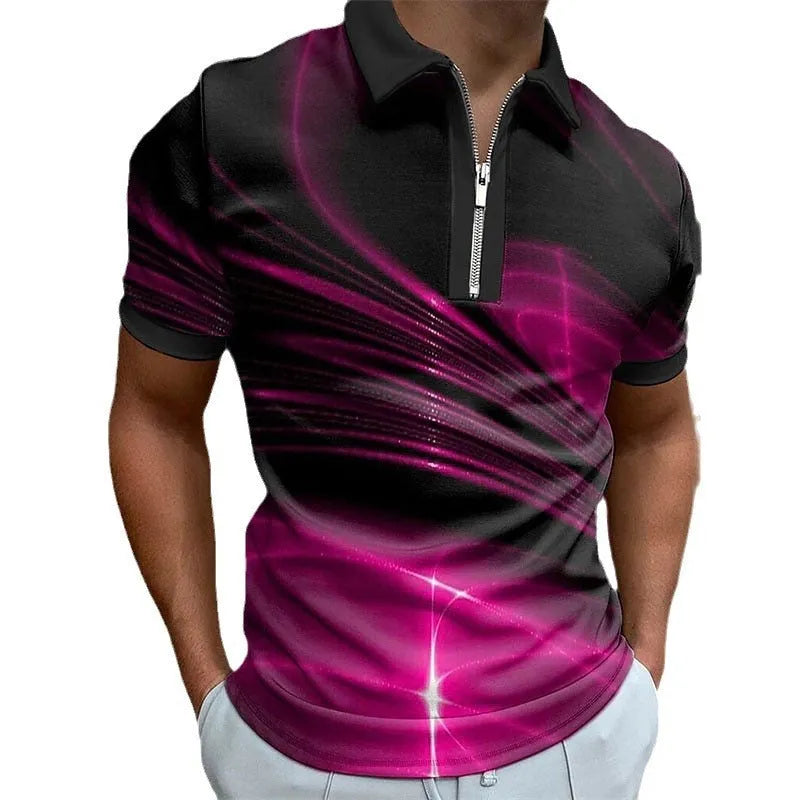 Men's blue printed zipper polo shirt with lapel collar and short sleeves