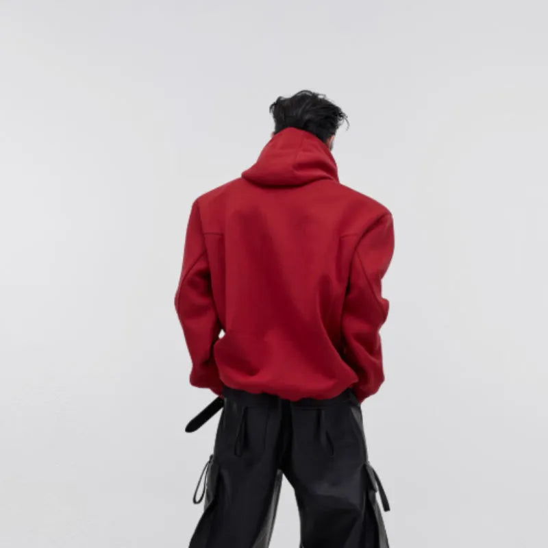 Men's loose red hooded sweater with heavy shoulder pads and silver 3D metal printing design.