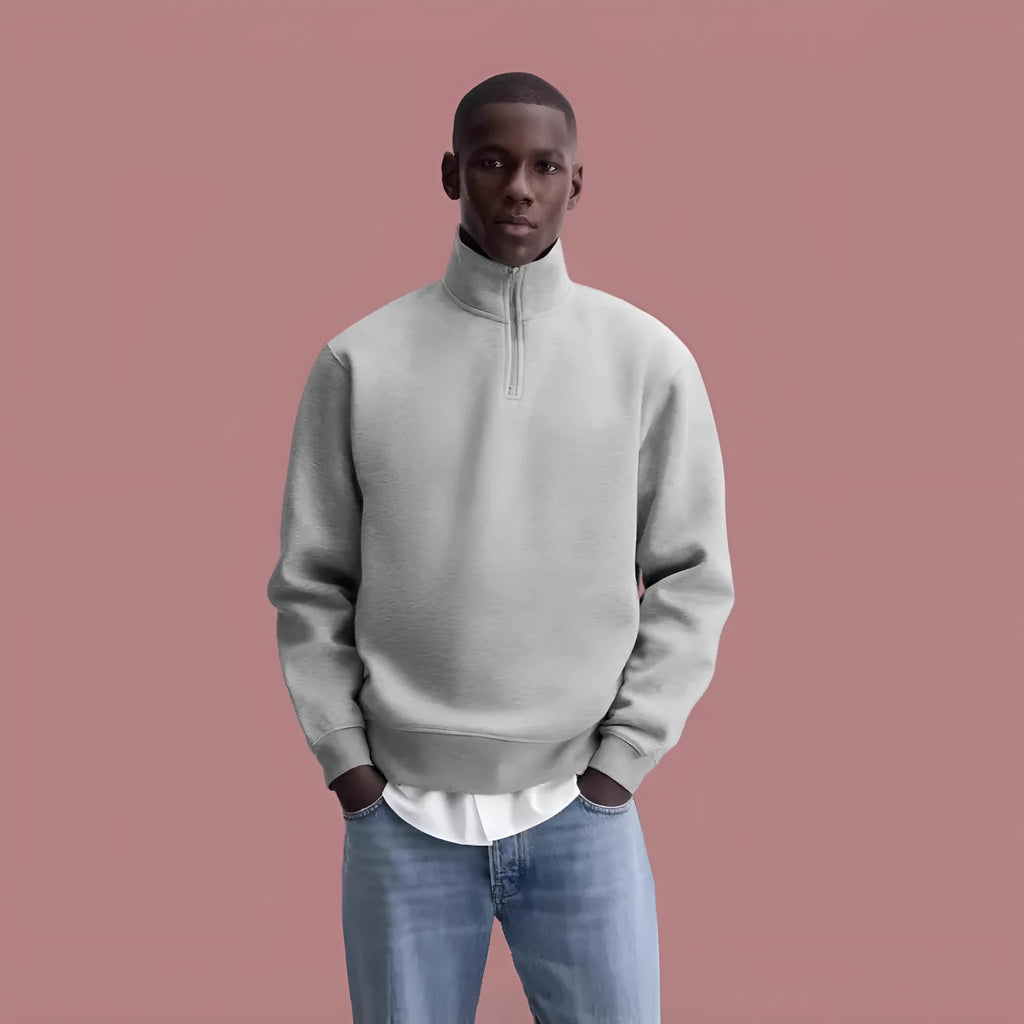 Grey half zip stand collar cotton sweater for men and women