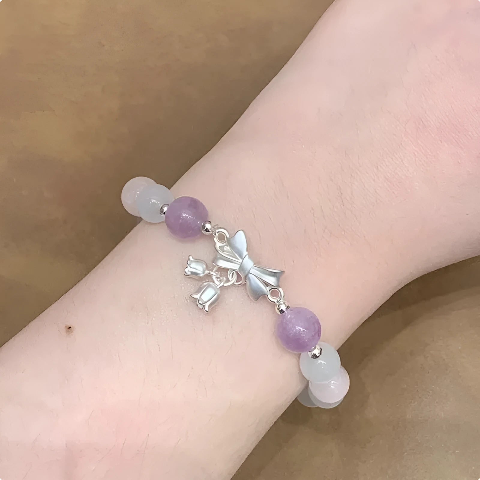 Lavender amethyst opal crystal bracelet with 10mm bowknot shape and electroplated finish