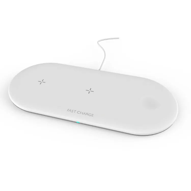 White triple wireless charging station for iPhone, iWatch, and headphones on desktop