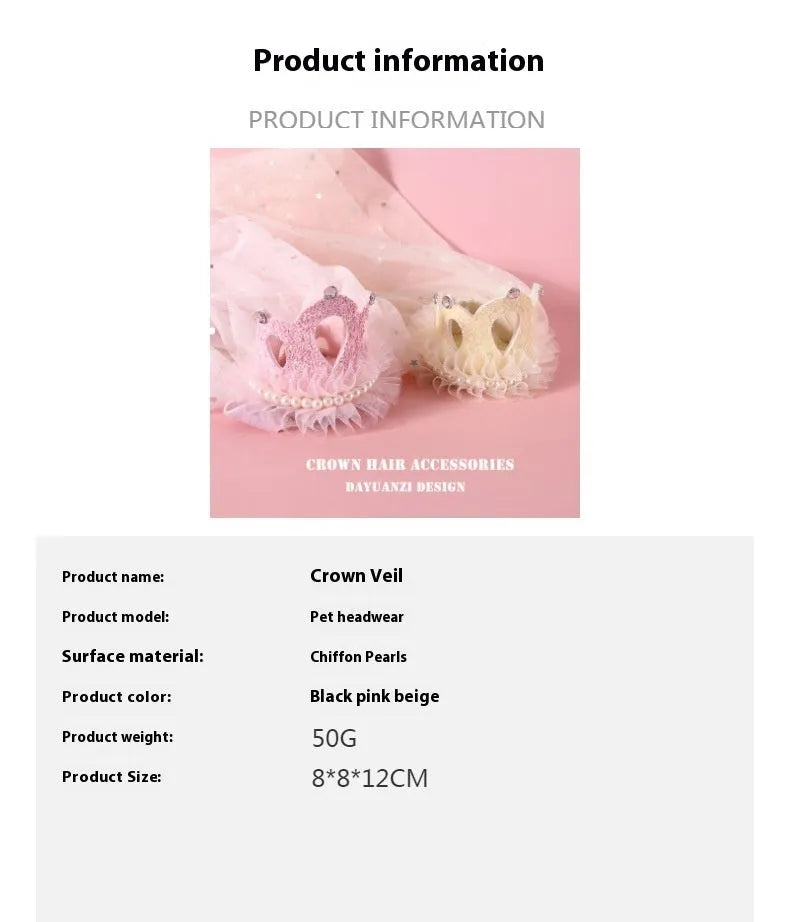 Pet princess crown headdress accessory with a veil in beige or pink colour options