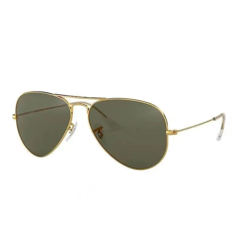 Tempered glass sunglasses with a choice of gold, silver, or black frames and dark green or blue gradient lenses.