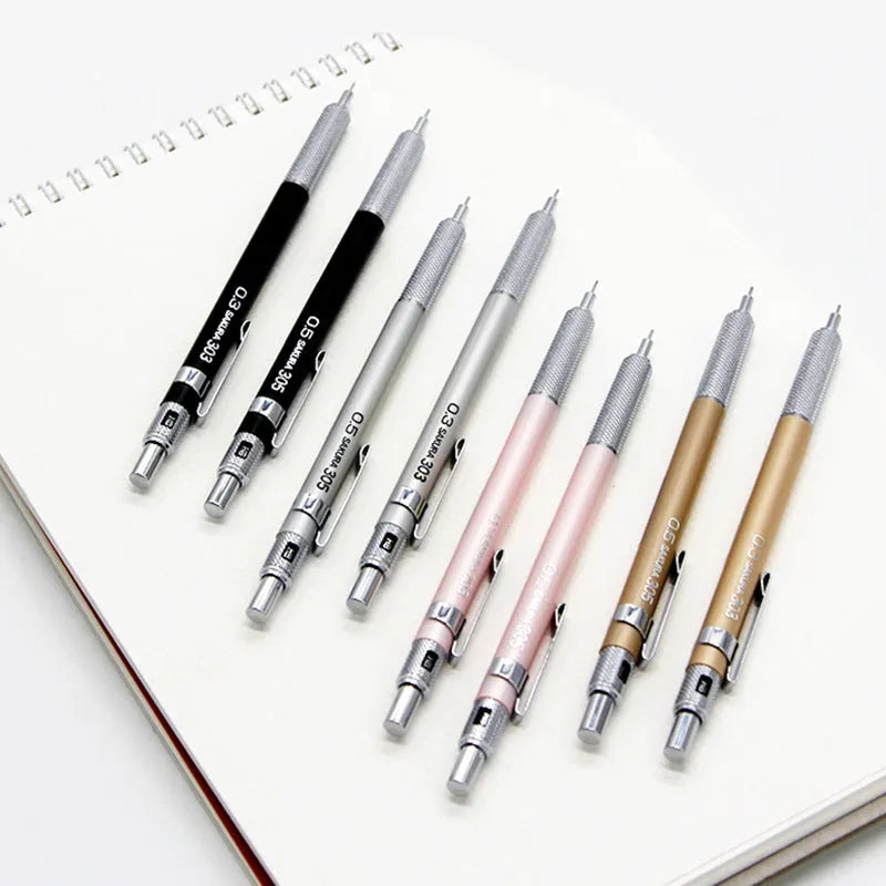 Metal mechanical pencil in gold, silver, black, or pink with 142mm length and 0.5mm or 0.3mm lead size