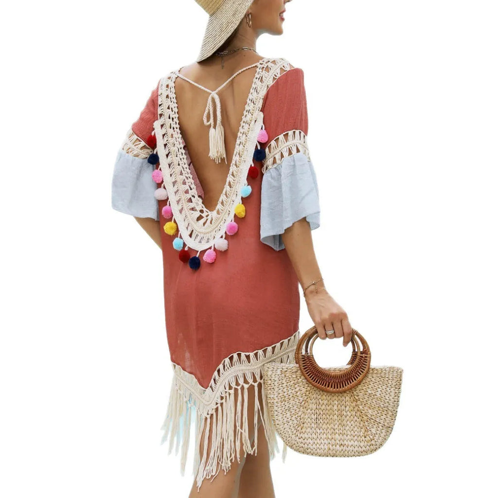 Orange floral beach overskirt and top set with hand crochet stitching details and tassel accents