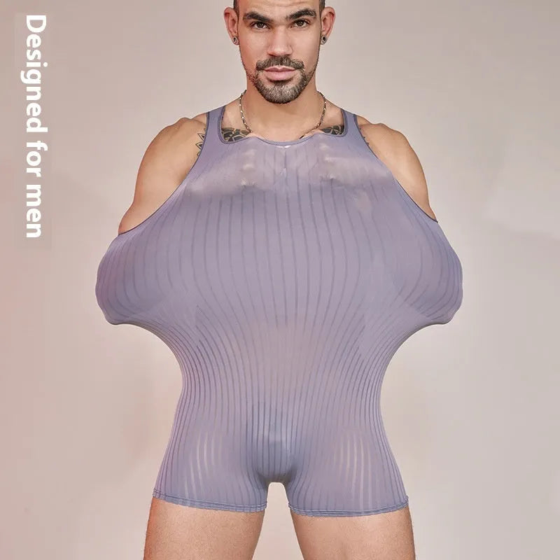 Men's black and white vertically striped lightweight nylon jumpsuit laid flat.
