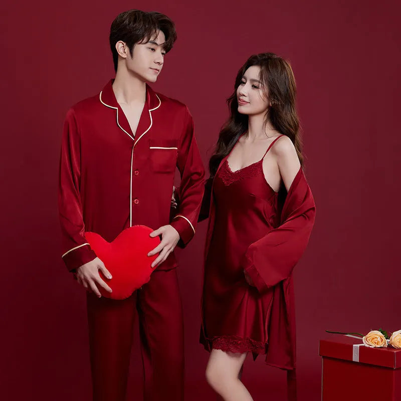 Red long sleeve men's and women's polyester sleepwear suit set for wedding dowry or home use.