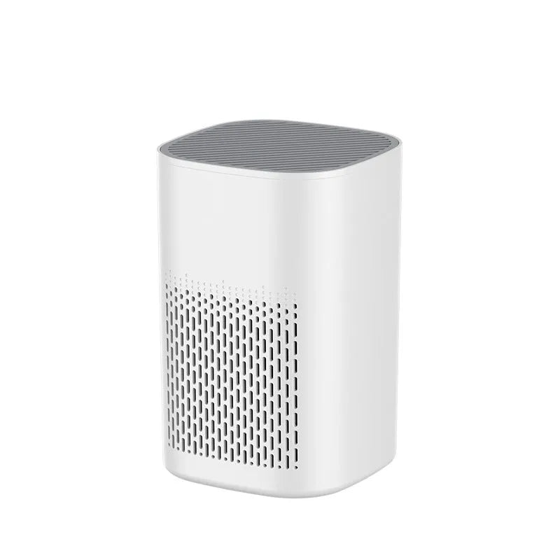Simple style desktop air purifier unit with USB cable for small room and office use.