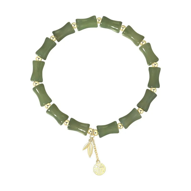 Green Chinese style bamboo motif bracelet and necklace set with jade accents
