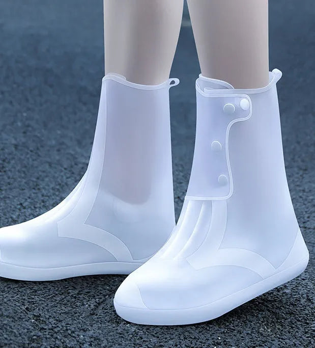 Women's white PVC high top reusable shoe covers for rainy day outdoor protection