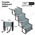 Stainless steel folding dog ladder next to a car, showing navy blue steps and a 101x76x45cm frame.