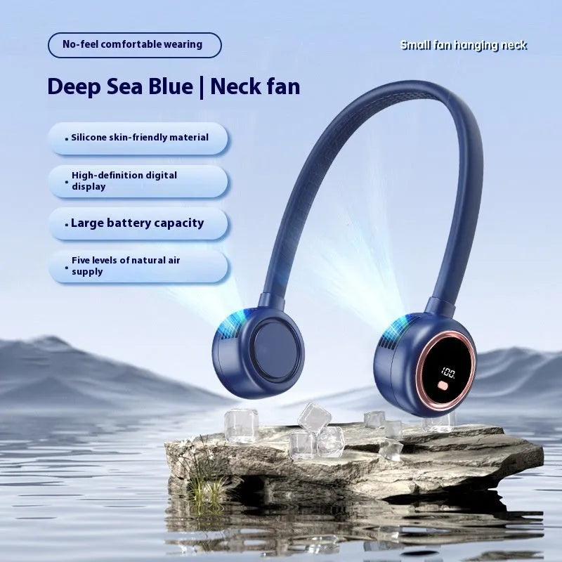 Bladeless halter fan in Glacier White with digital display showing fan speed, USB rechargeable, 229x240x64 mm