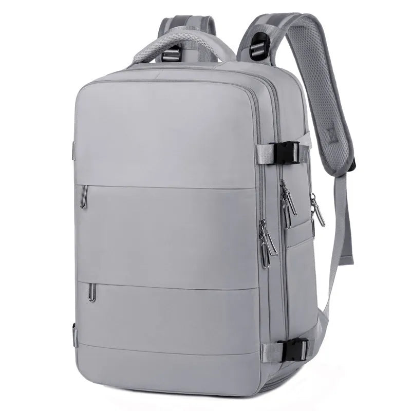 Large purple Oxford cloth travel backpack with air pillow belt system and multiple compartments
