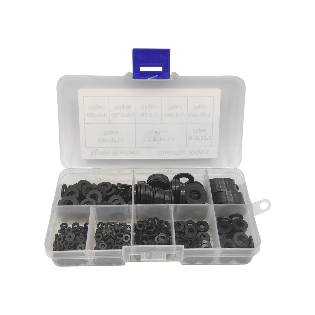 500-piece black nylon flat washer assortment kit in open box showing different sizes