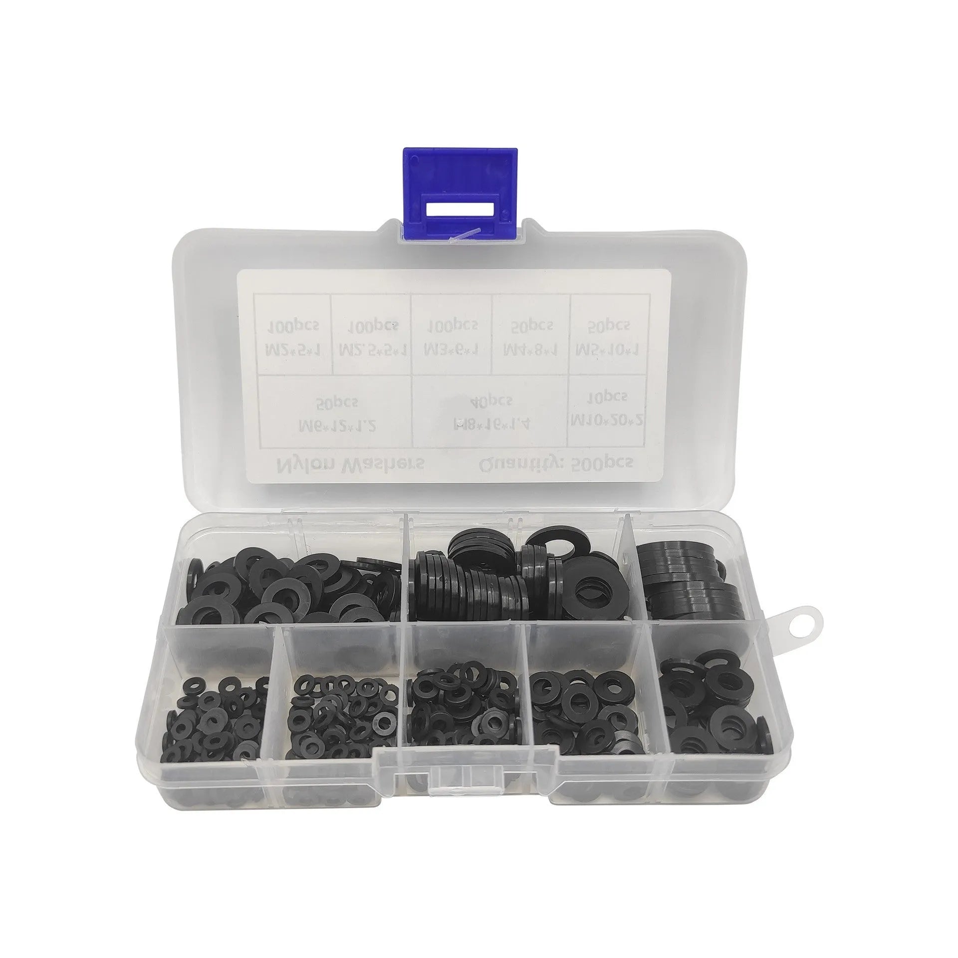 500-piece black nylon flat washer assortment kit in open box showing different sizes