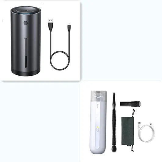 Baseus handheld cordless car vacuum cleaner in black, white, or green with blowing hose accessory.