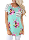 Summer breastfeeding top for pregnant women, striped short sleeve maternity nursing t-shirt in slim fit, round collar, green colour