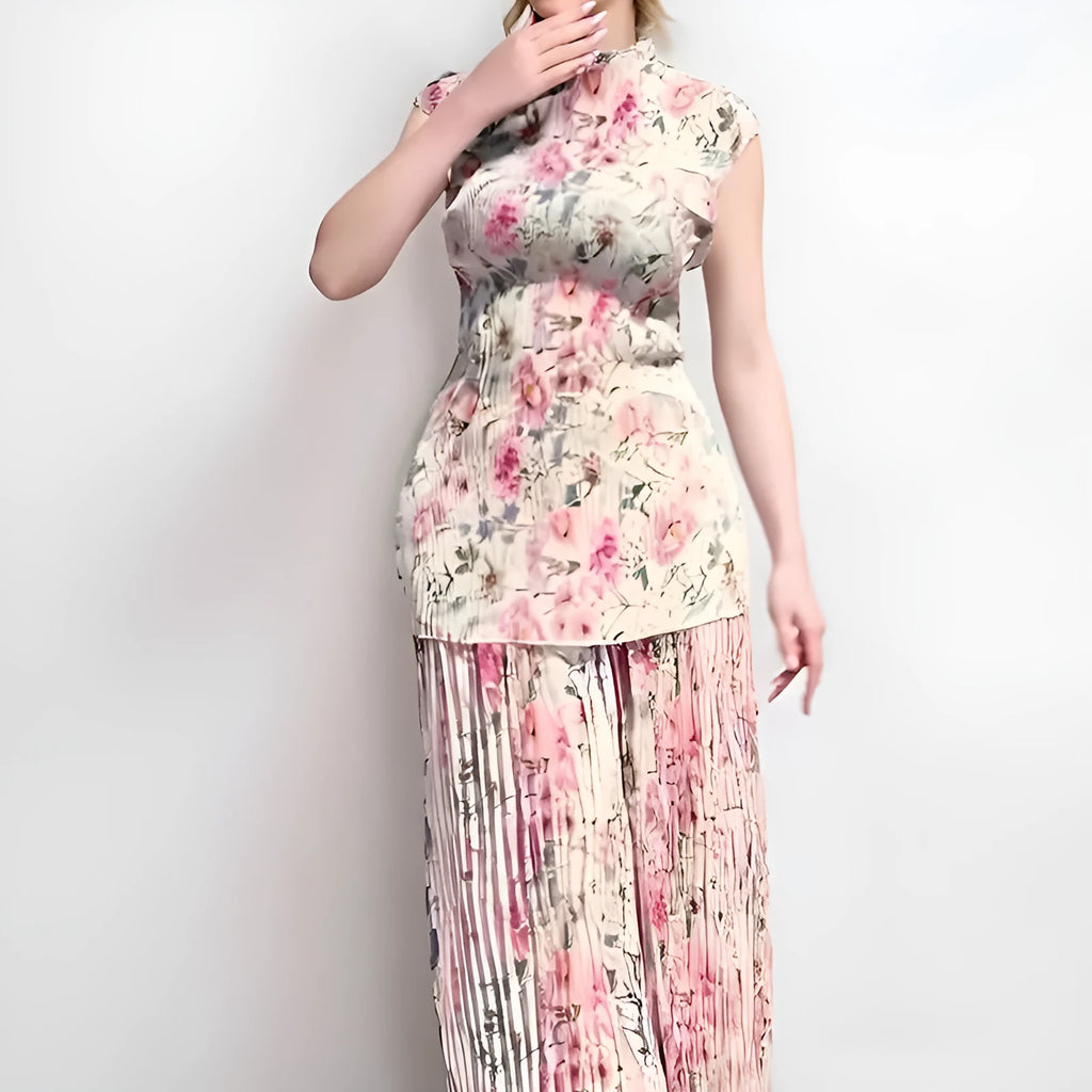 Women's printed chiffon two-piece dress set with long sleeves and high waist skirt in picture colour