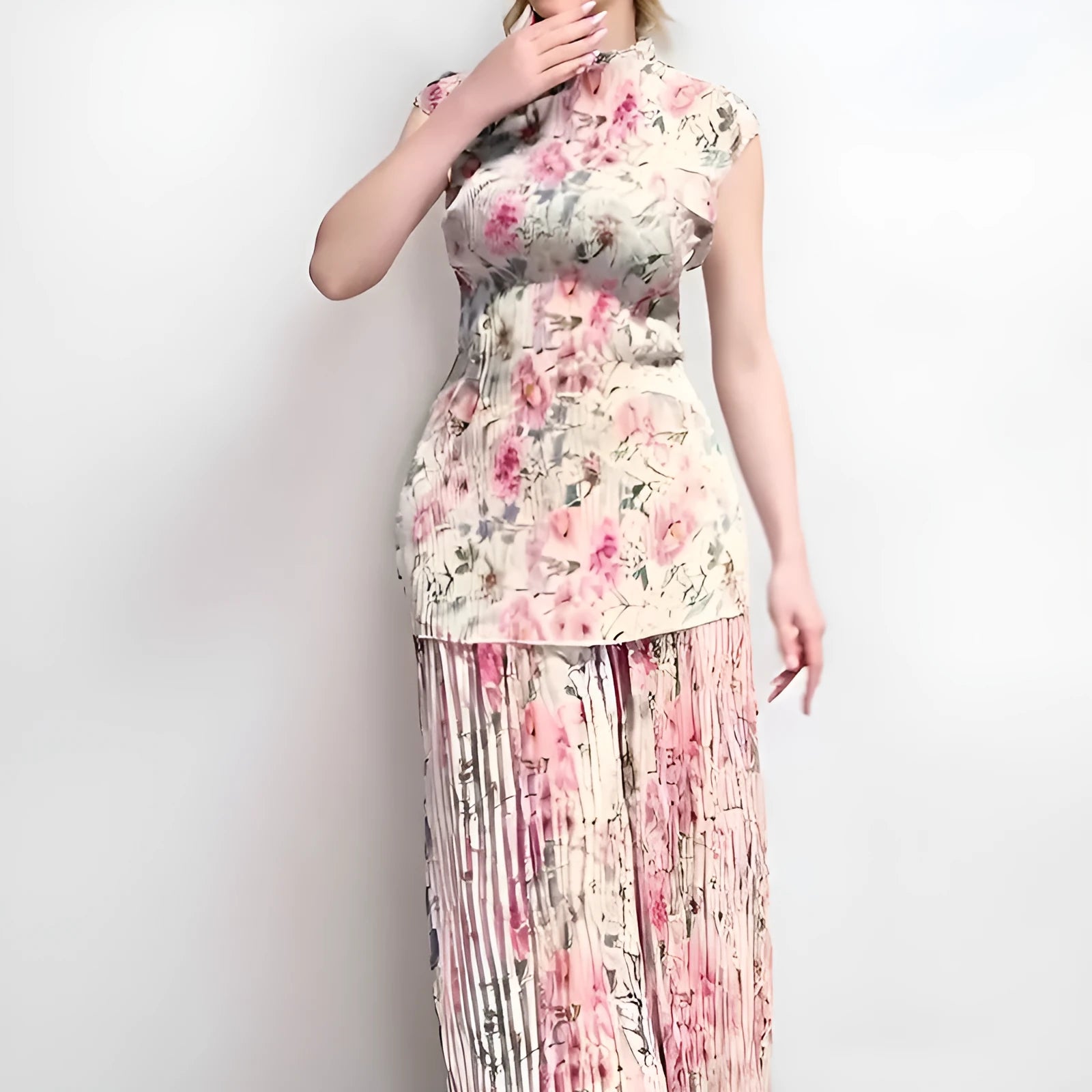 Women's printed chiffon two-piece dress set with long sleeves and high waist skirt in picture colour
