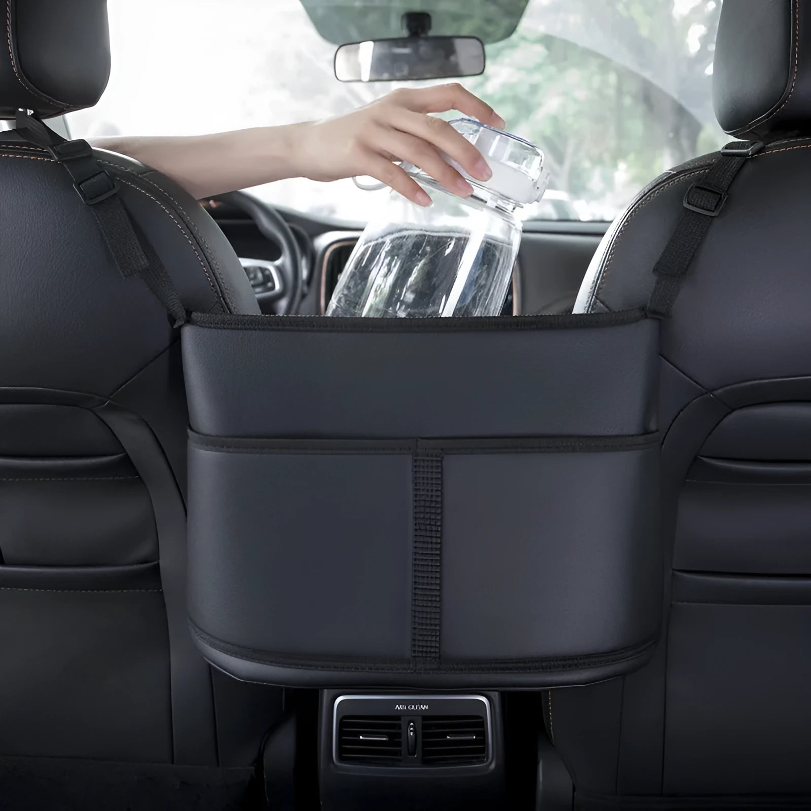 Black leather car seat storage organiser with sports carbon fibre pattern measuring 38x24x15cm