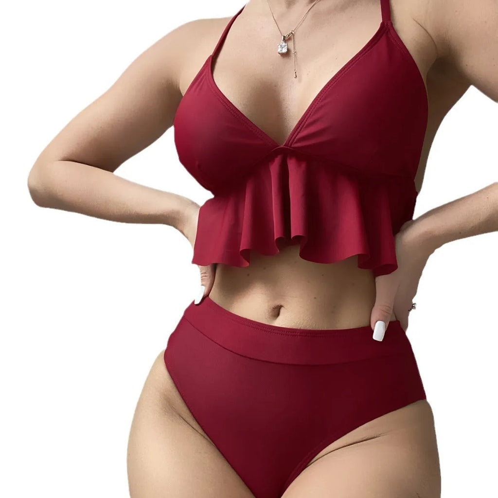 Women's solid colour split bikini swimsuit on a white background