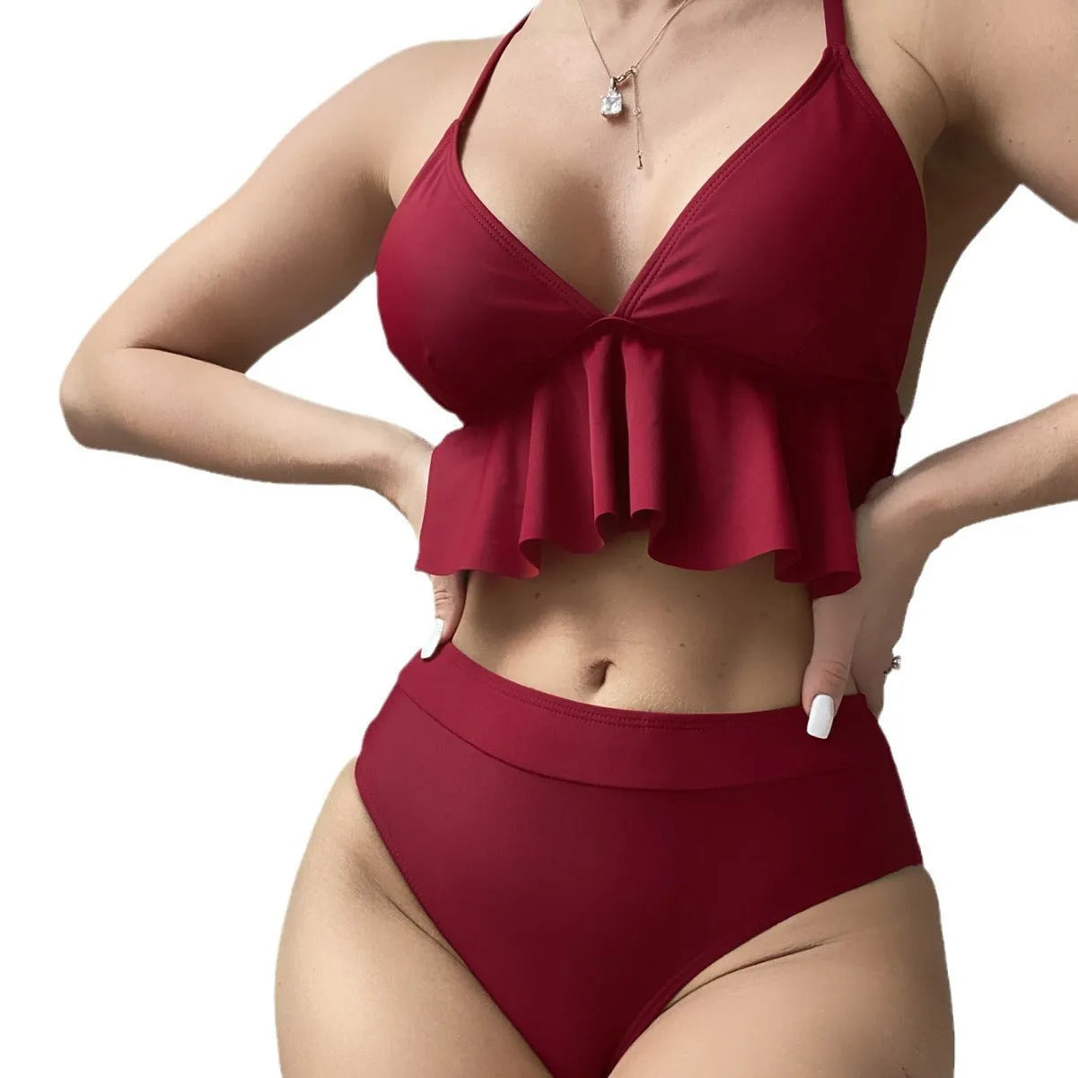 Women's solid colour split bikini swimsuit on a white background
