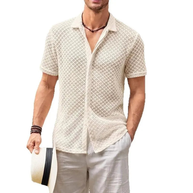 Men's solid colour short sleeve lapel shirt in cotton blend fabric on a hanger.