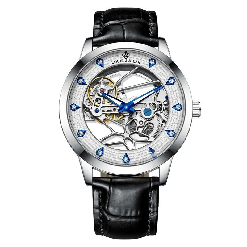 Men's silver mechanical watch with white dial, blue luminous hands and black leather strap