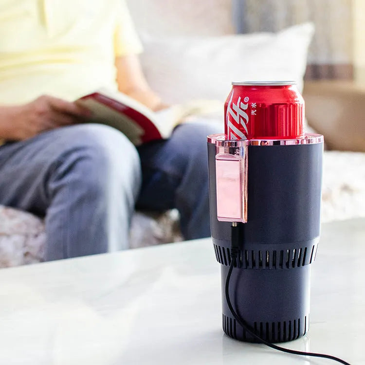 Black 2-in-1 car cup holder with digital temperature display for heating and cooling drinks