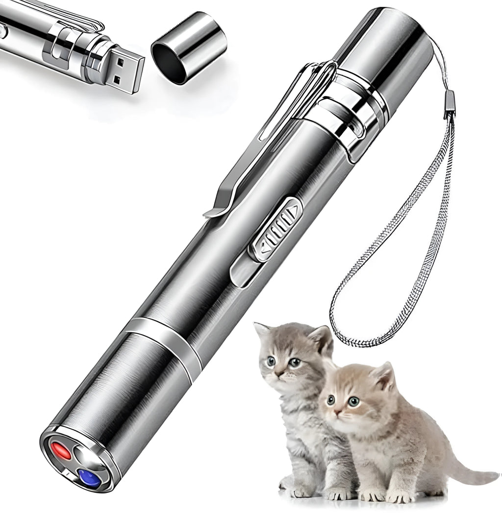Silver aluminium cat toy pointer wand showing laser projection patterns
