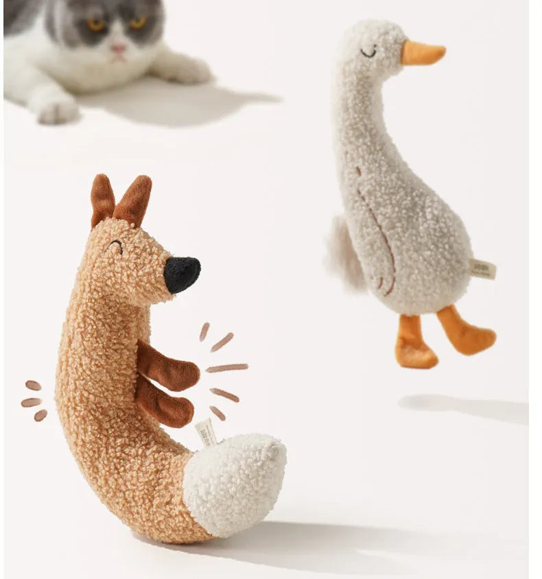Cartoon fox and duckling design chew-resistant dog toys made from teddy velvet fabric.