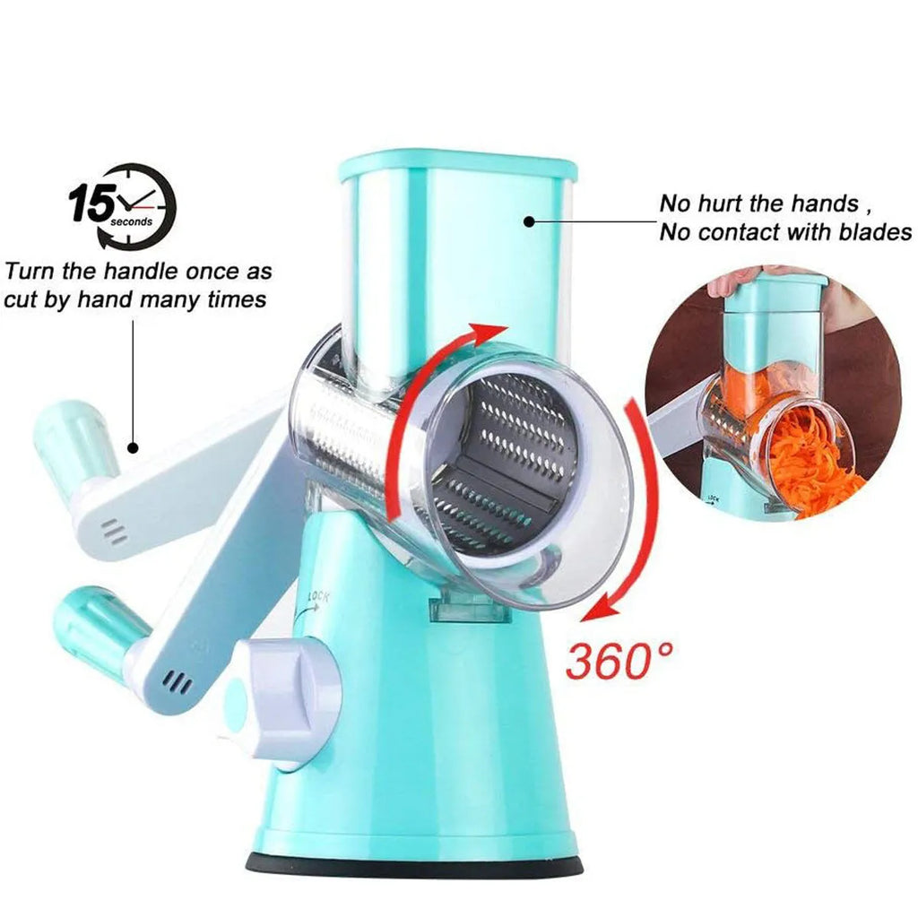Manual kitchen mandoline slicer with round stainless steel blade in blue, green or red colours