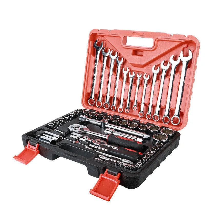61-piece chrome vanadium steel auto repair tool set with sockets, wrenches, and ratchets on a workbench.