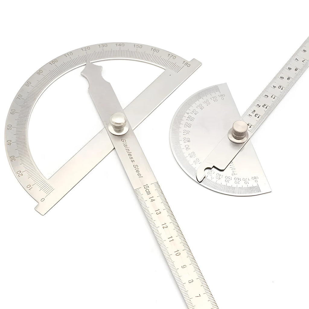 Adjustable plastic protractor showing 180° measuring scale with clear graduation marks